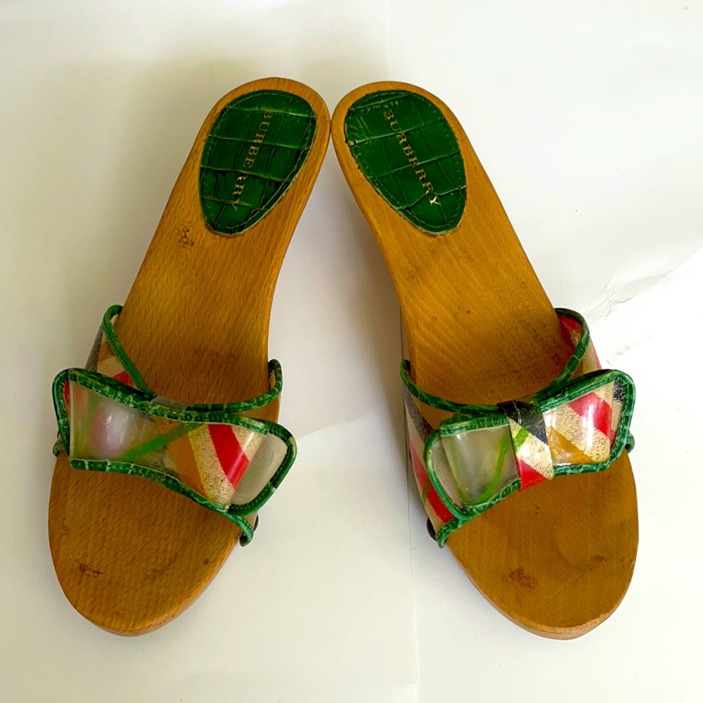 Authentic Burberry wooden slip-ons with kitten heels